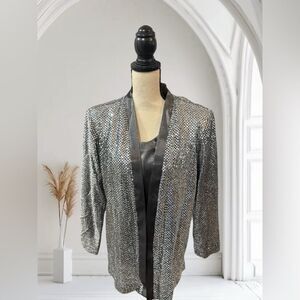 Silver Sequin 2-Piece Pant Jacket Top Set – Size 14 R&M Richards  By Karen Wong